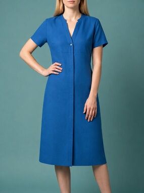 EUC FOIL Classic Short-Sleeve Button Front Blue Linen Dress with Pockets (6)